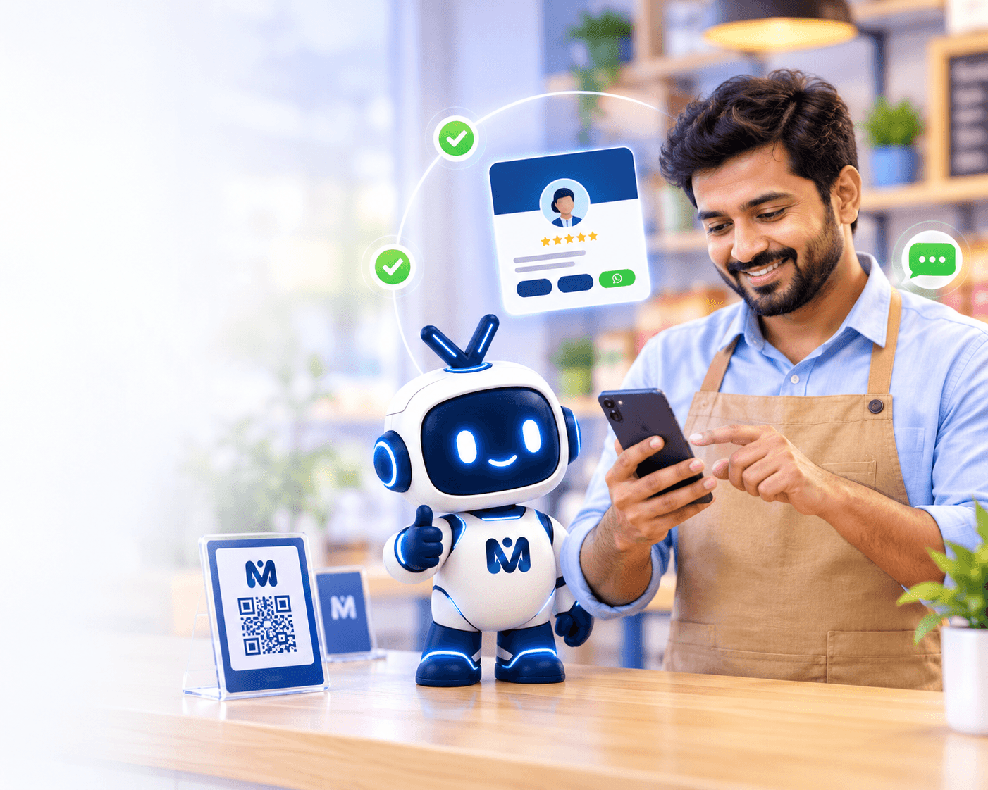 A shop owner checking his MyDigiSence page on his phone, with the MyDigiSence mascot and a QR code stand on the counter