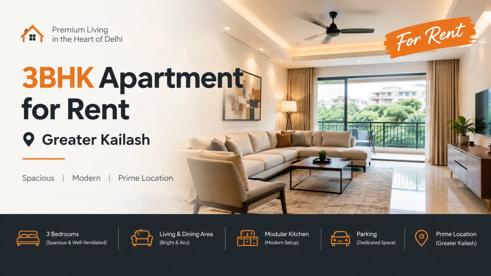 3BHK Apartment for Rent — Greater Kailash
