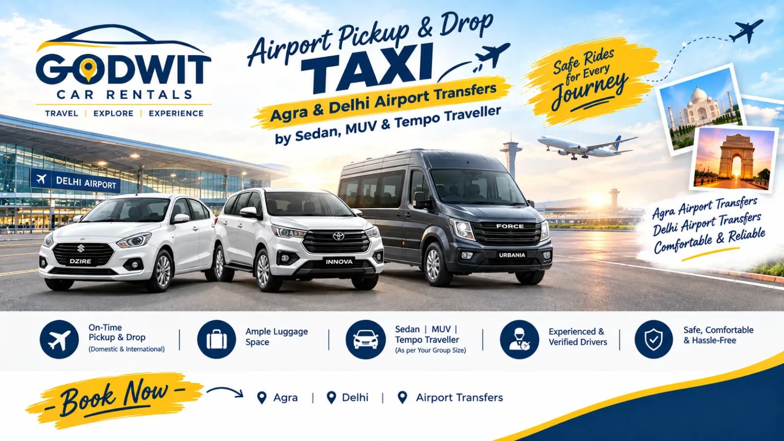 Airport Pickup & Drop Taxi | Agra & Delhi Airport Transfers by Sedan, MUV & Tempo Traveller