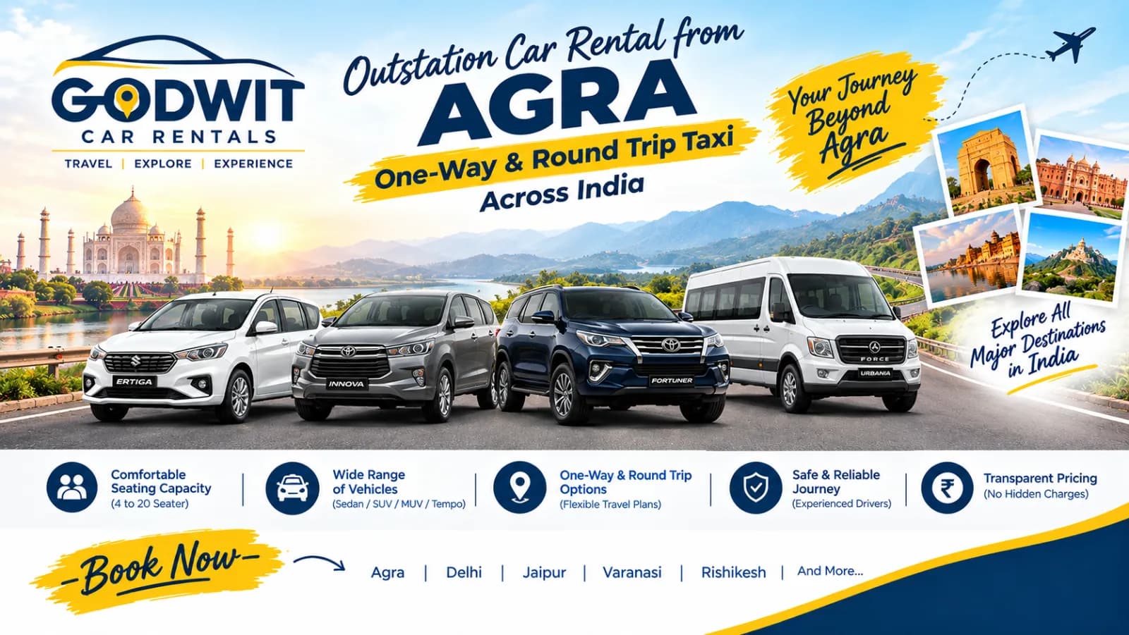 Outstation Car Rental from Agra | One-Way & Round Trip Taxi Across India