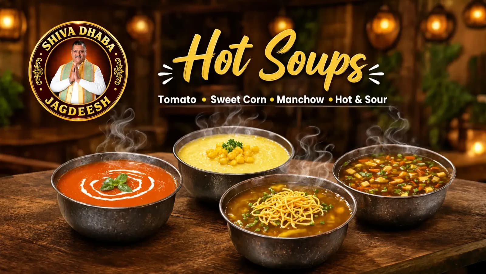 Hot Soups – Tomato, Sweet Corn, Manchow and Hot & Sour
